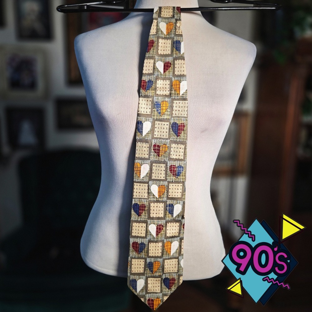Structure Silk Tie Vintage 90s Mens Heart Patchwork Print Brown Blue Necktie USA
